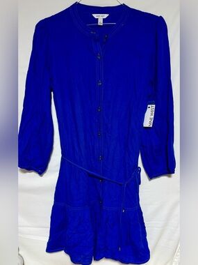 Nine West Women’s Blouson Sleeve Belted Dress Size L, Blue Casual, NWT
